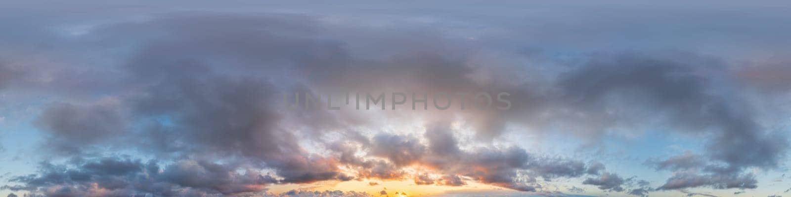 Dark blue sunset sky panorama with pink Cumulus clouds. Seamless hdr 360 pano in spherical equirectangular format. Full zenith for 3D visualization, game, sky replacement for aerial drone panoramas
