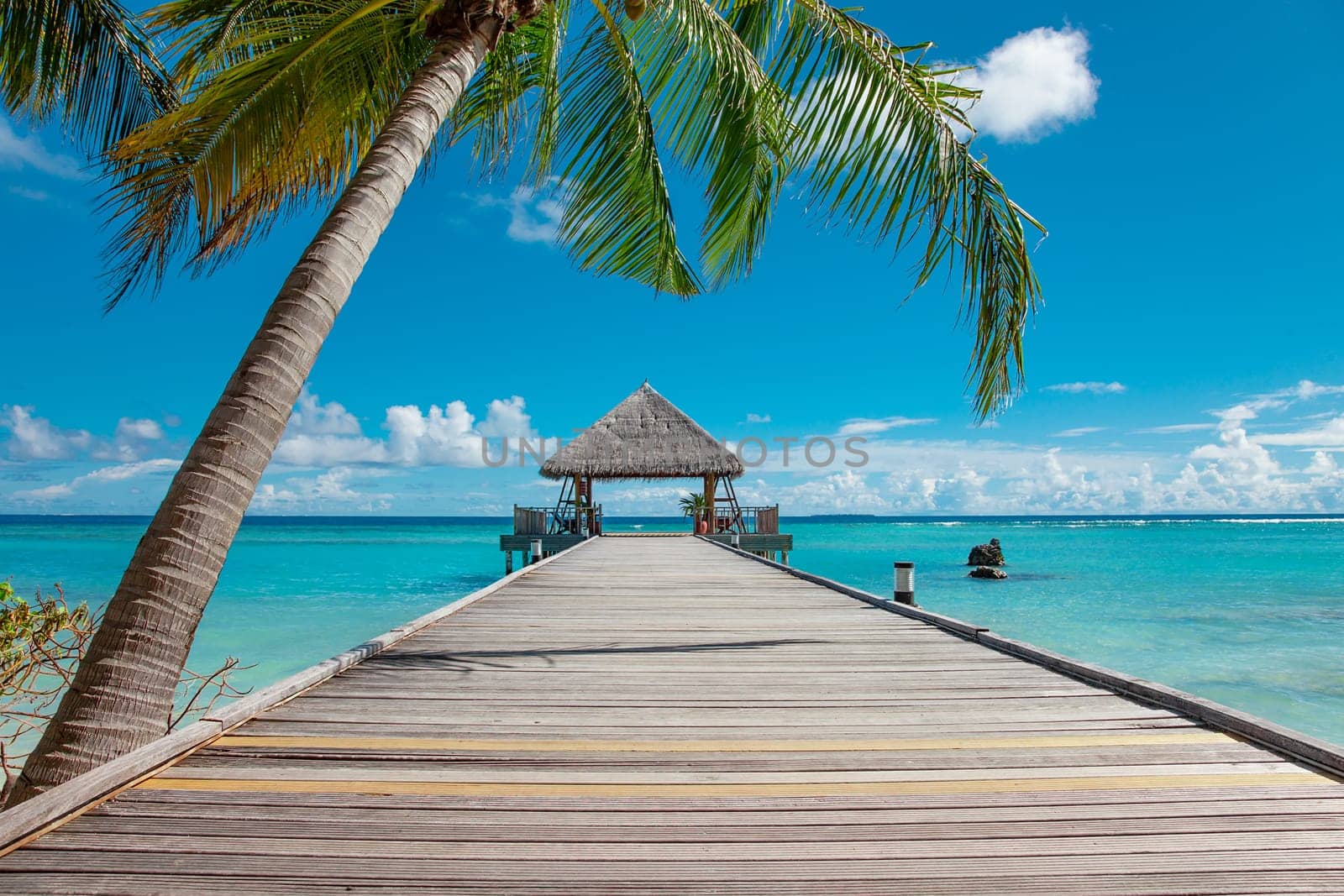 Idyllic landscape with wood path among blue water