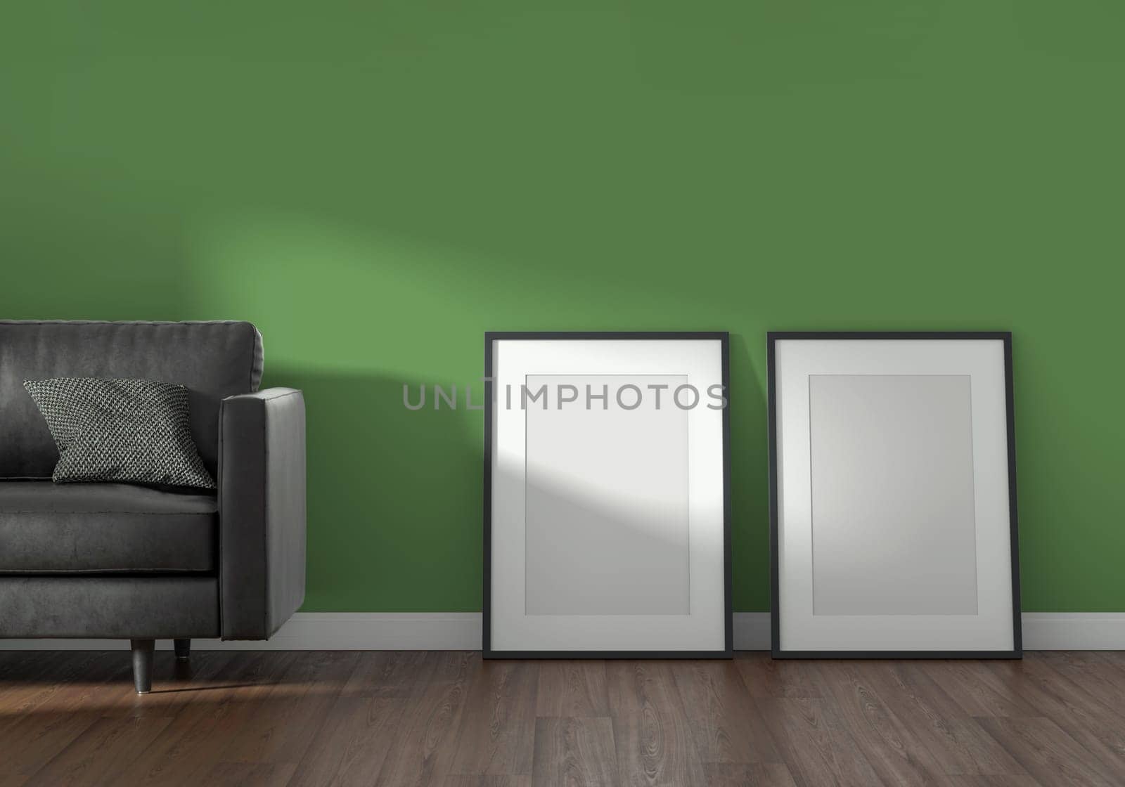 Two frames next to a sofa on a green wall in the background and sunlight coming through the window. by ImagesRouges