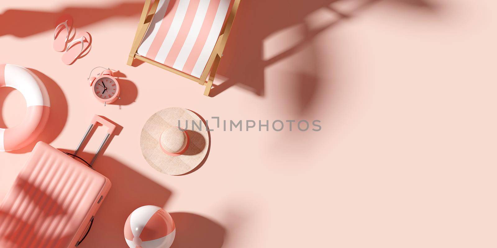 Summer vacation concept, Top view of beach chairs and accessories under palm tree, 3d illustration