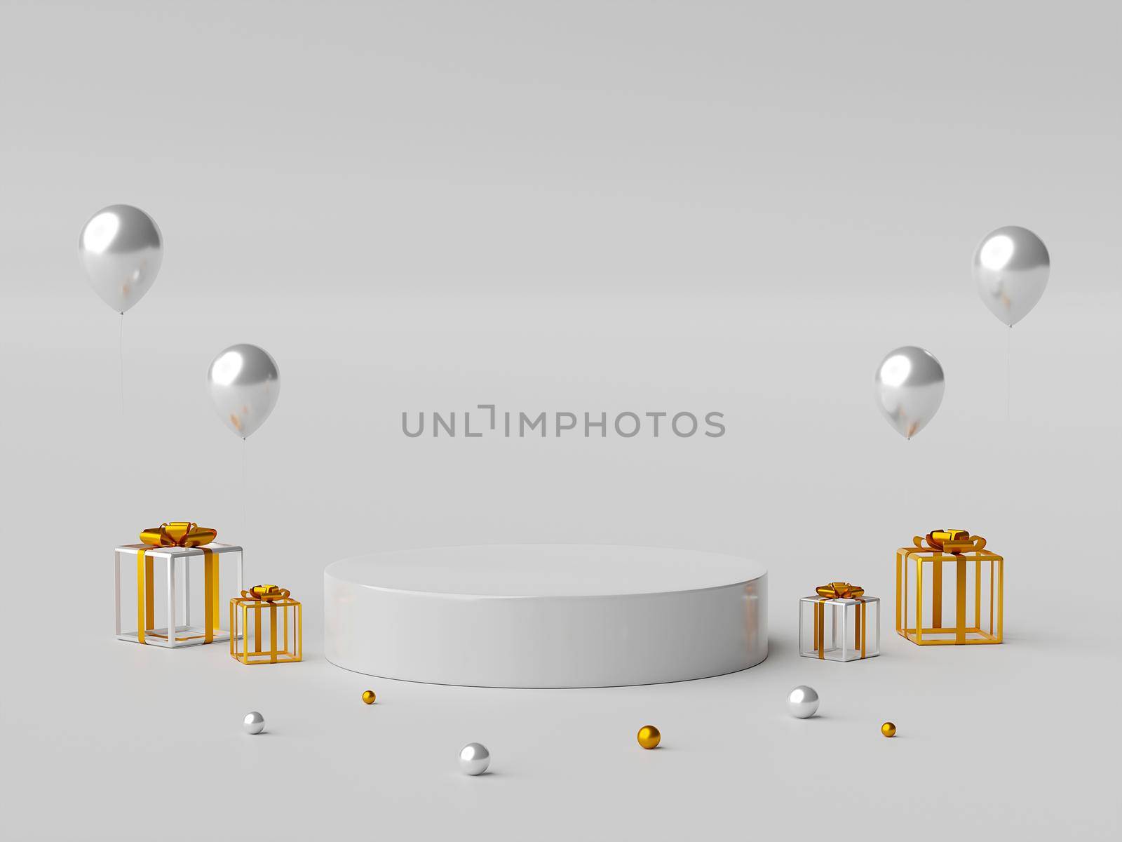 Scene of minimal geometric shape podium with gift and decoration for product advertisement, 3d illustration by nutzchotwarut