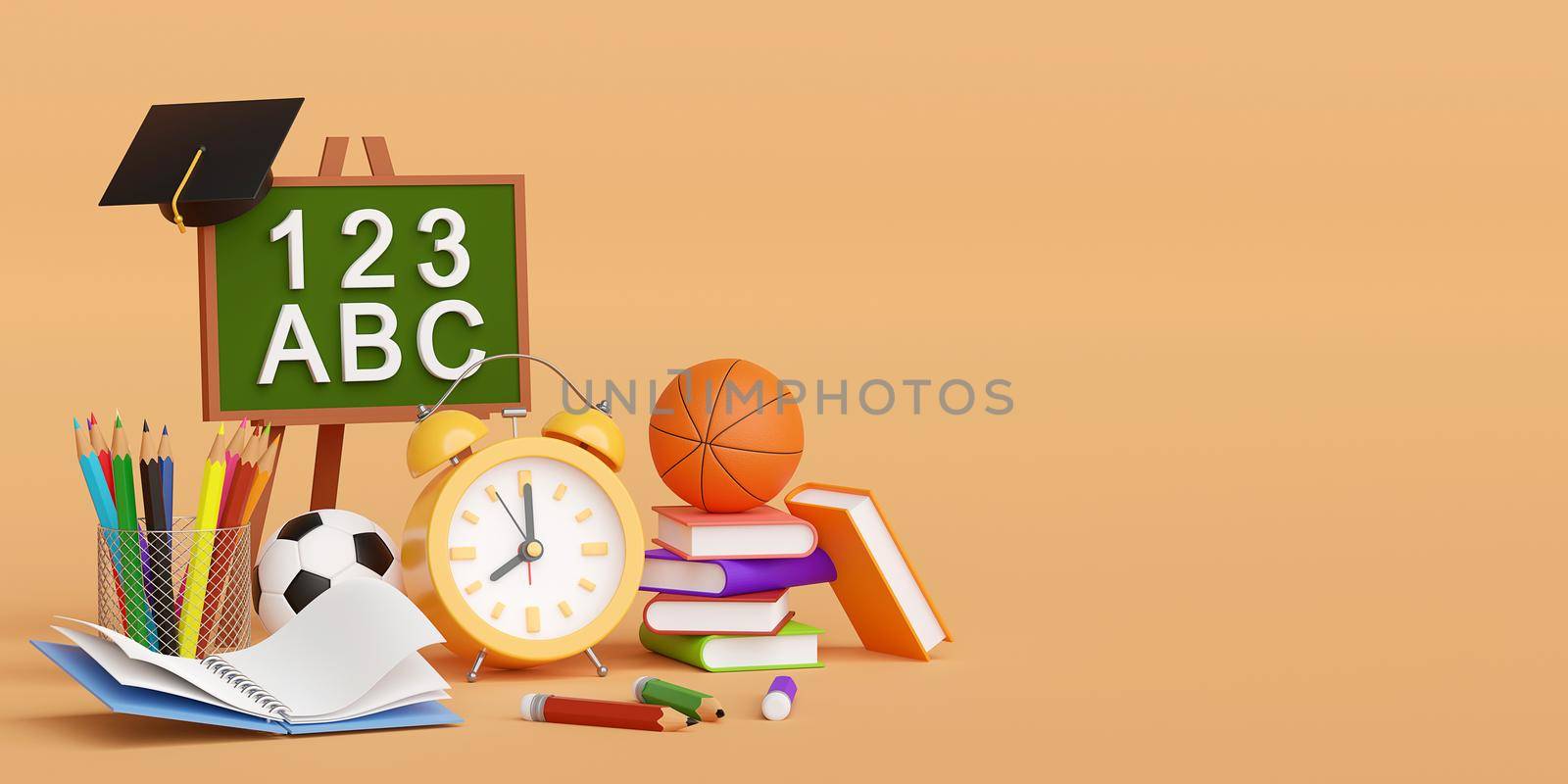 Back to school banner background, alarm clock, stationery with educational supplies, 3d illustration