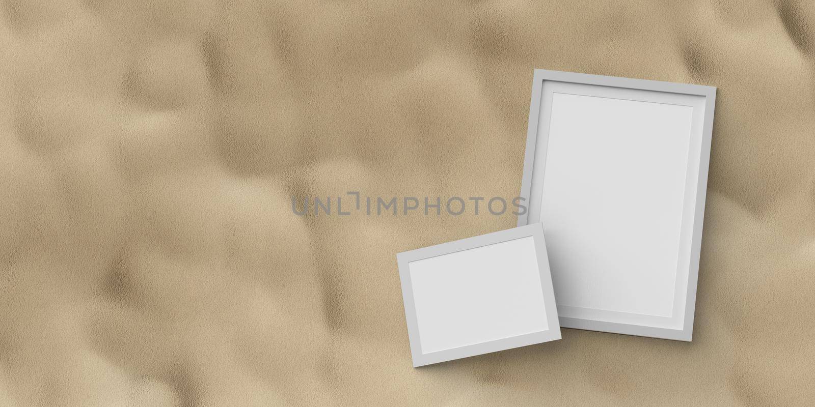 Realistic of photo frame mockup on sand ground, 3d illustration
