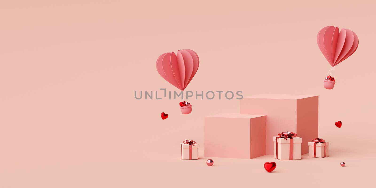Valentine banner background of Podium with heart shape balloon with gift box, 3d rendering by nutzchotwarut