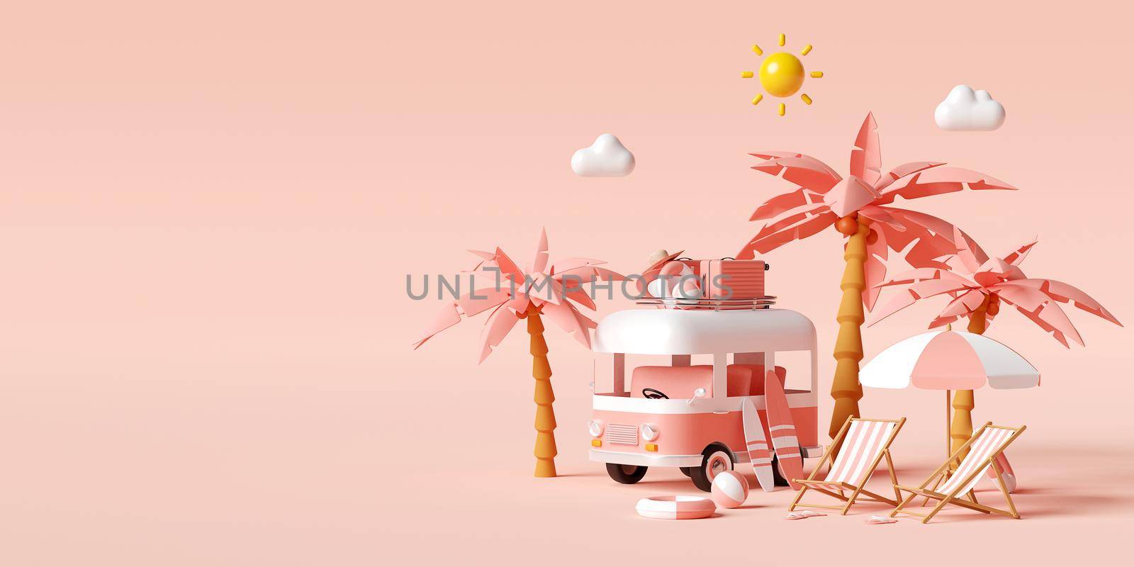Summer vacation concept, Travel to the beach by van carrying travel accessories parking at the beach on pink background, 3d illustration by nutzchotwarut