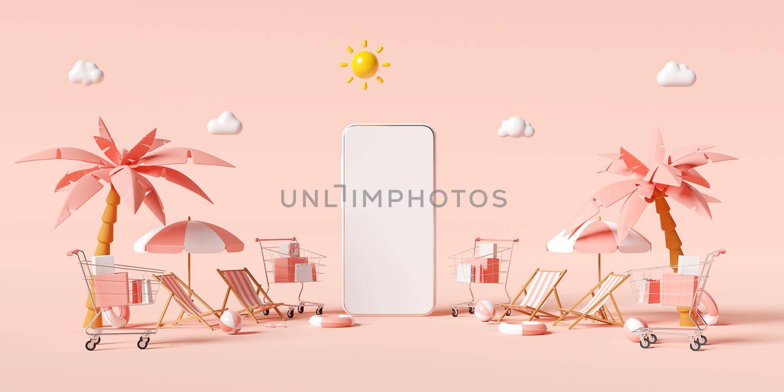Summer sale concept, Banner of smartphone mockup with shopping cart and beach accessories, 3d illustration