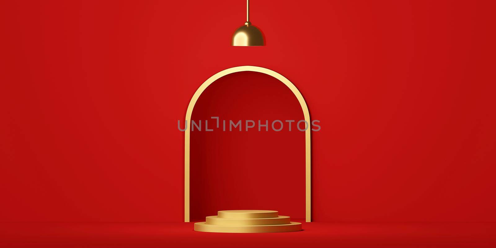 Scene of geometric shape podium with lamp on red background, 3d rendering by nutzchotwarut