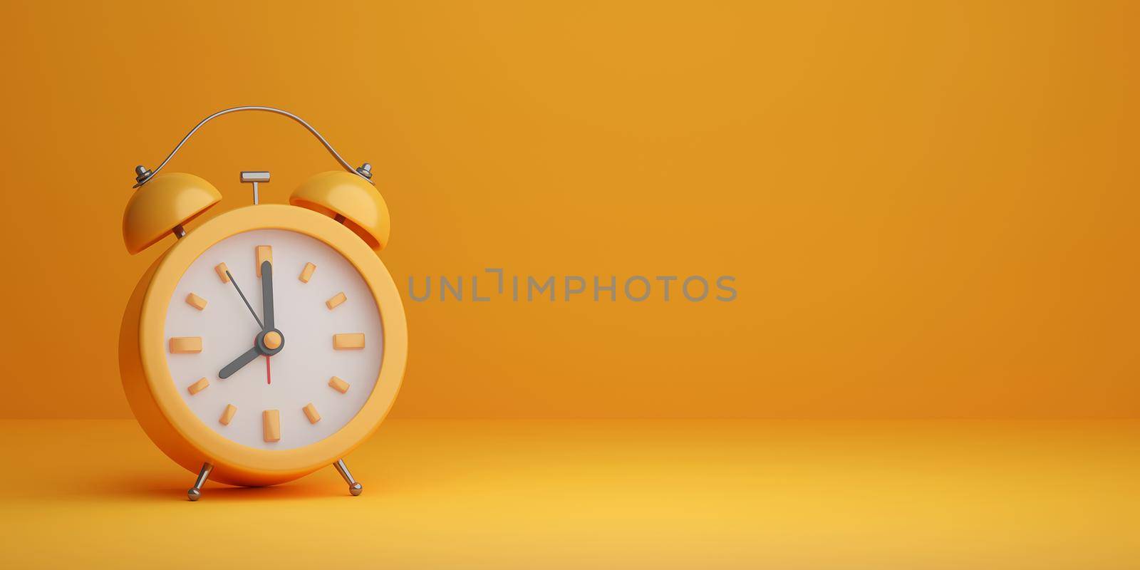 Minimal realistic alarm clock on yellow background, 3d illustration by nutzchotwarut