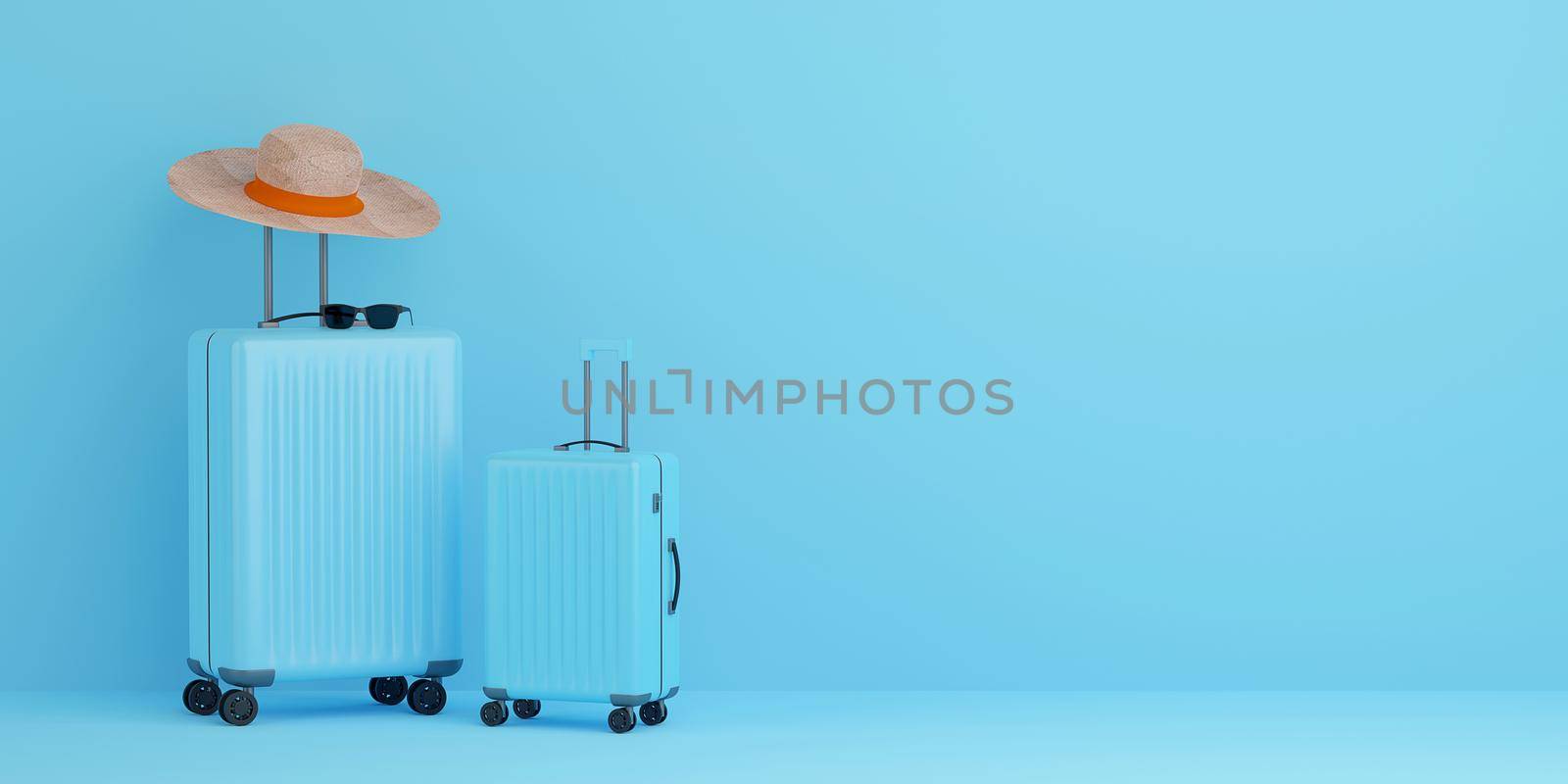 Suitcase with traveler accessories on blue background, 3d illustration by nutzchotwarut