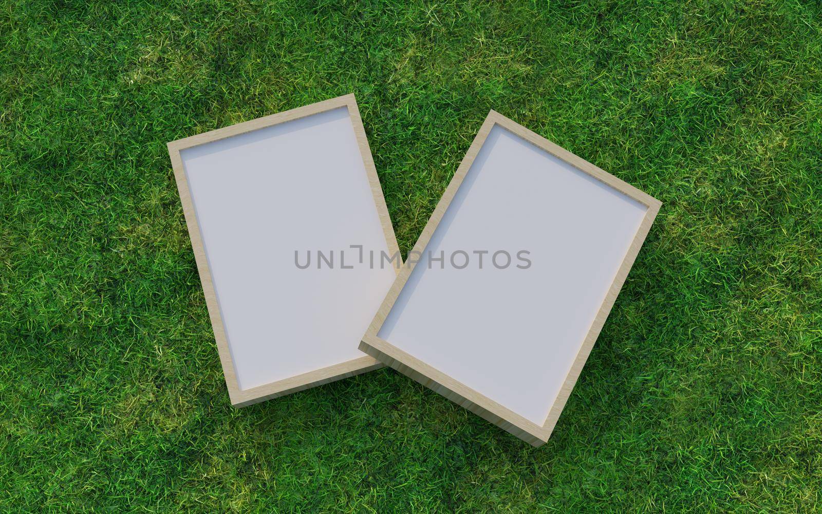 Realistic of wooden frame mockup on grass floor, 3d illustration