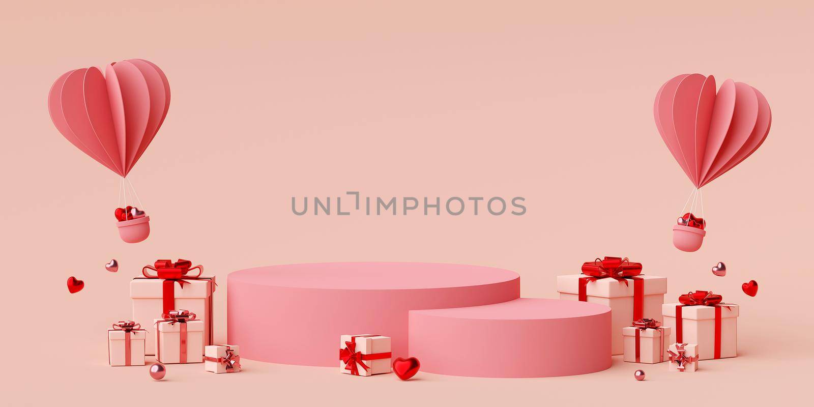 Valentine banner background of Podium with heart shape balloon with gift box, 3d rendering by nutzchotwarut