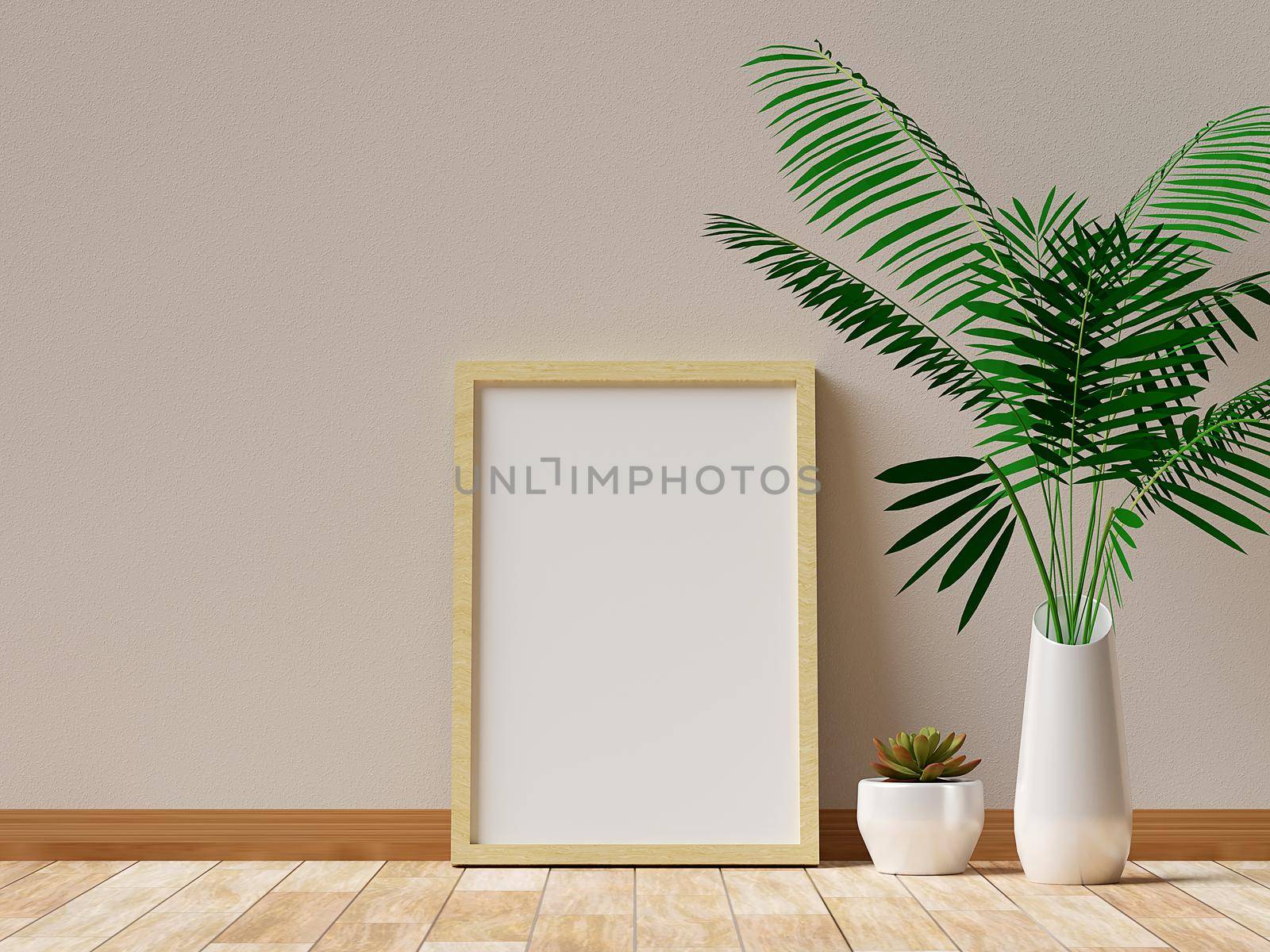 Realistic of photo frame mockup with plant, 3d illustration