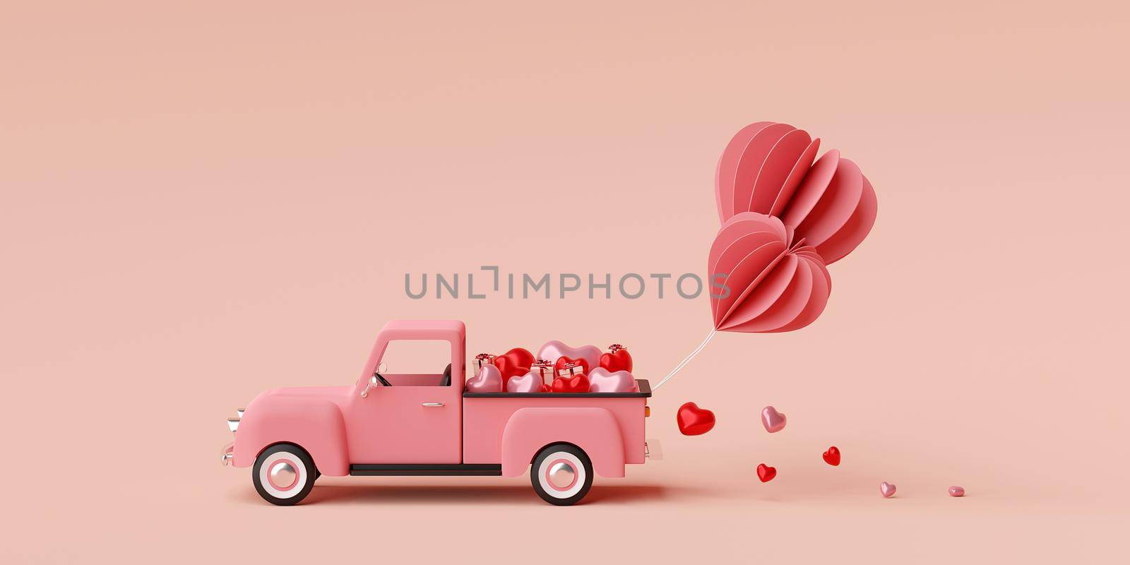 Valentine banner background of truck full of heart shape balloon with gift box, 3d rendering by nutzchotwarut