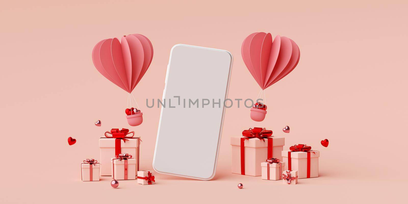 Valentine banner background of smartphone with gift box and heart shape balloon, 3d rendering by nutzchotwarut