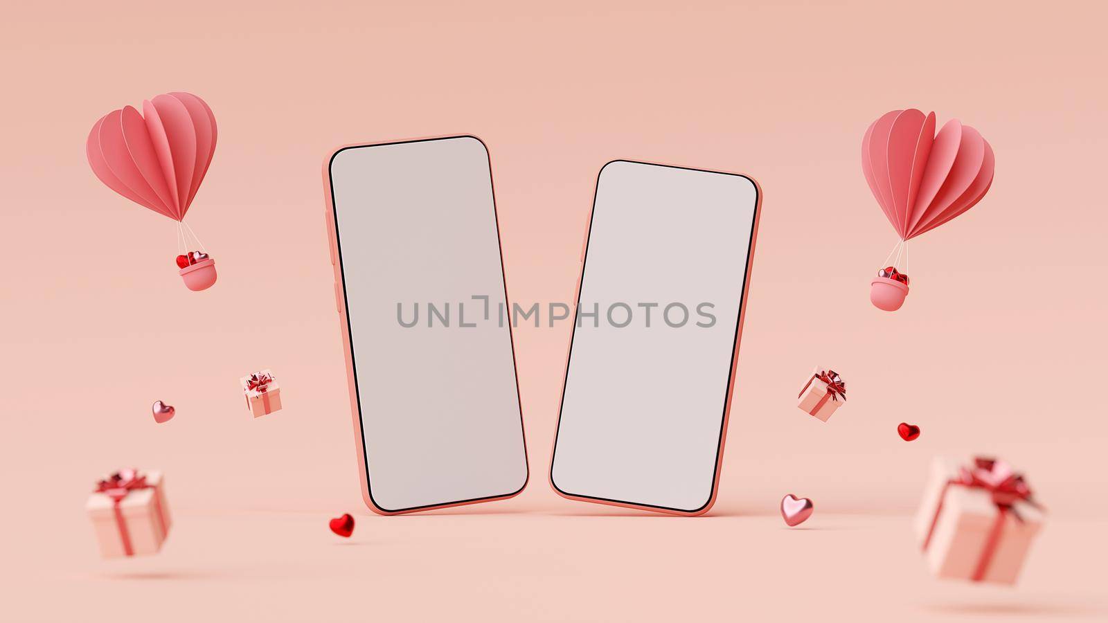 Valentine banner background of smartphone with gift box and heart shape balloon, 3d rendering