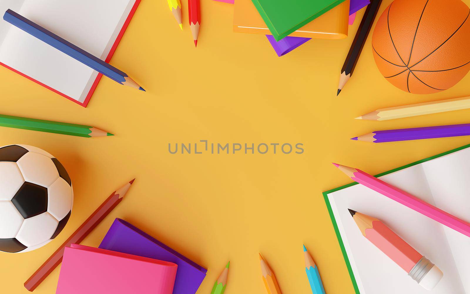 Top view of stationery, book, ball and space in the middle, 3d illustration by nutzchotwarut