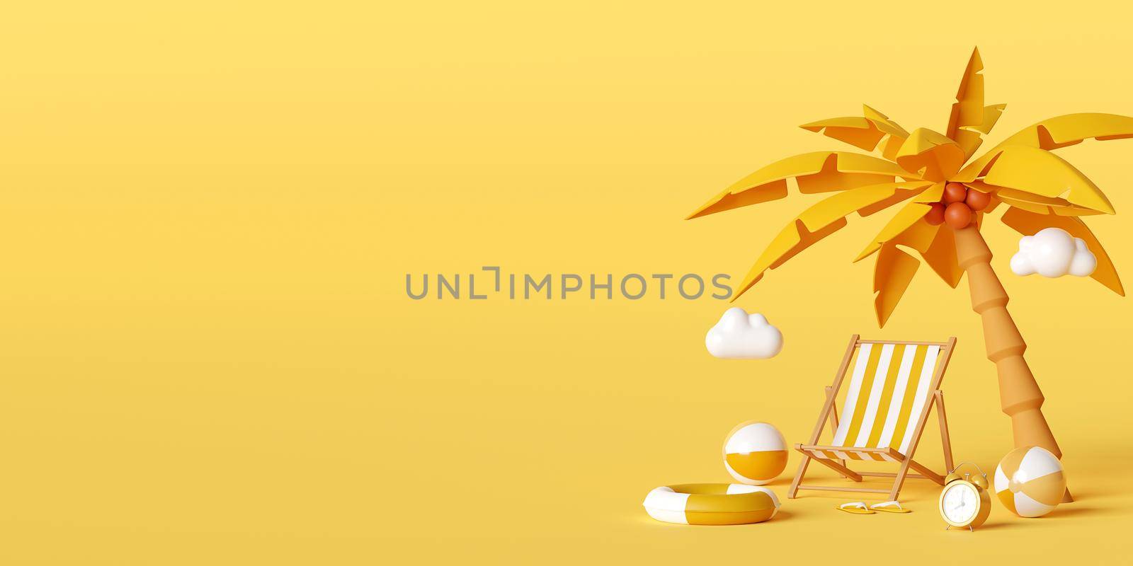 Summer vacation concept, Beach chairs and accessories under palm tree on yellow background, 3d illustration