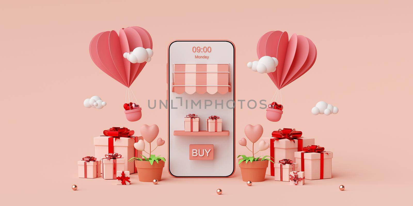Valentine banner background of smartphone with gift box and heart shape balloon, 3d rendering by nutzchotwarut