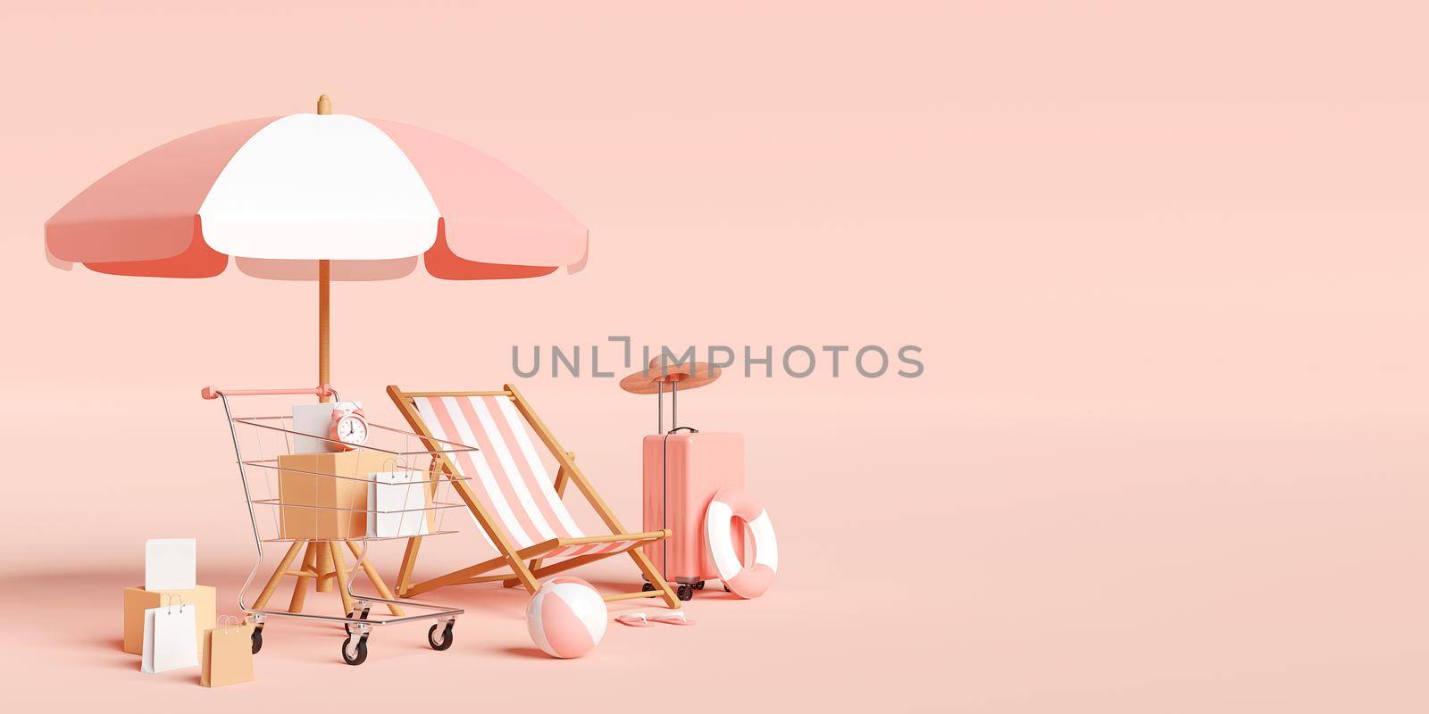 Summer sale banner, Shopping cart with beach accessories, luggage on pink background, 3d illustration