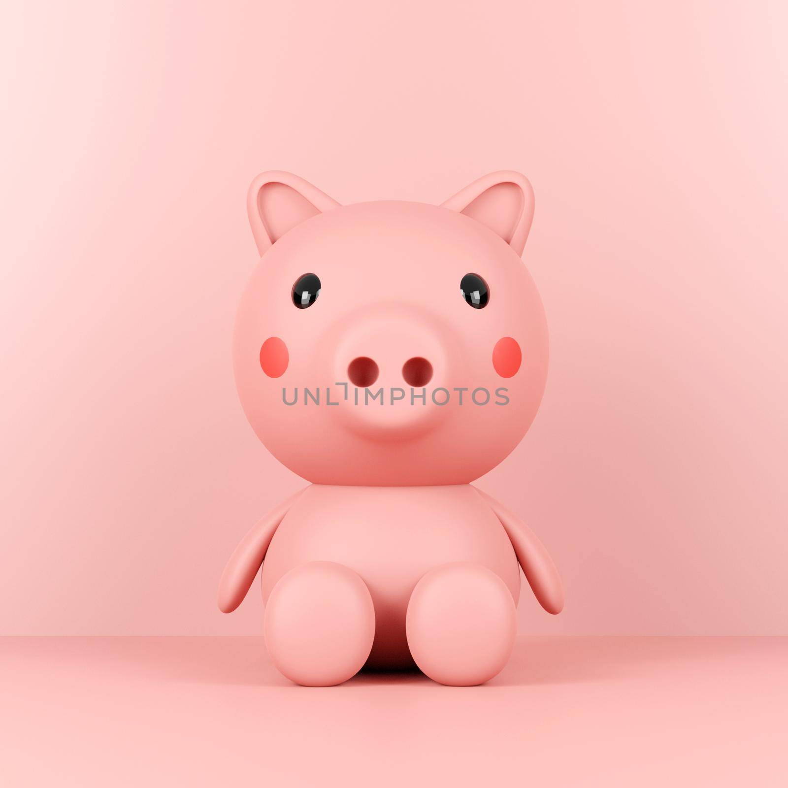 Cute pig cartoon character on a pink background, 3d rendering