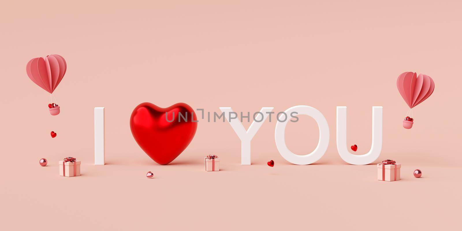 Valentine banner background of text I love you with heart shape balloon with gift box, 3d rendering by nutzchotwarut