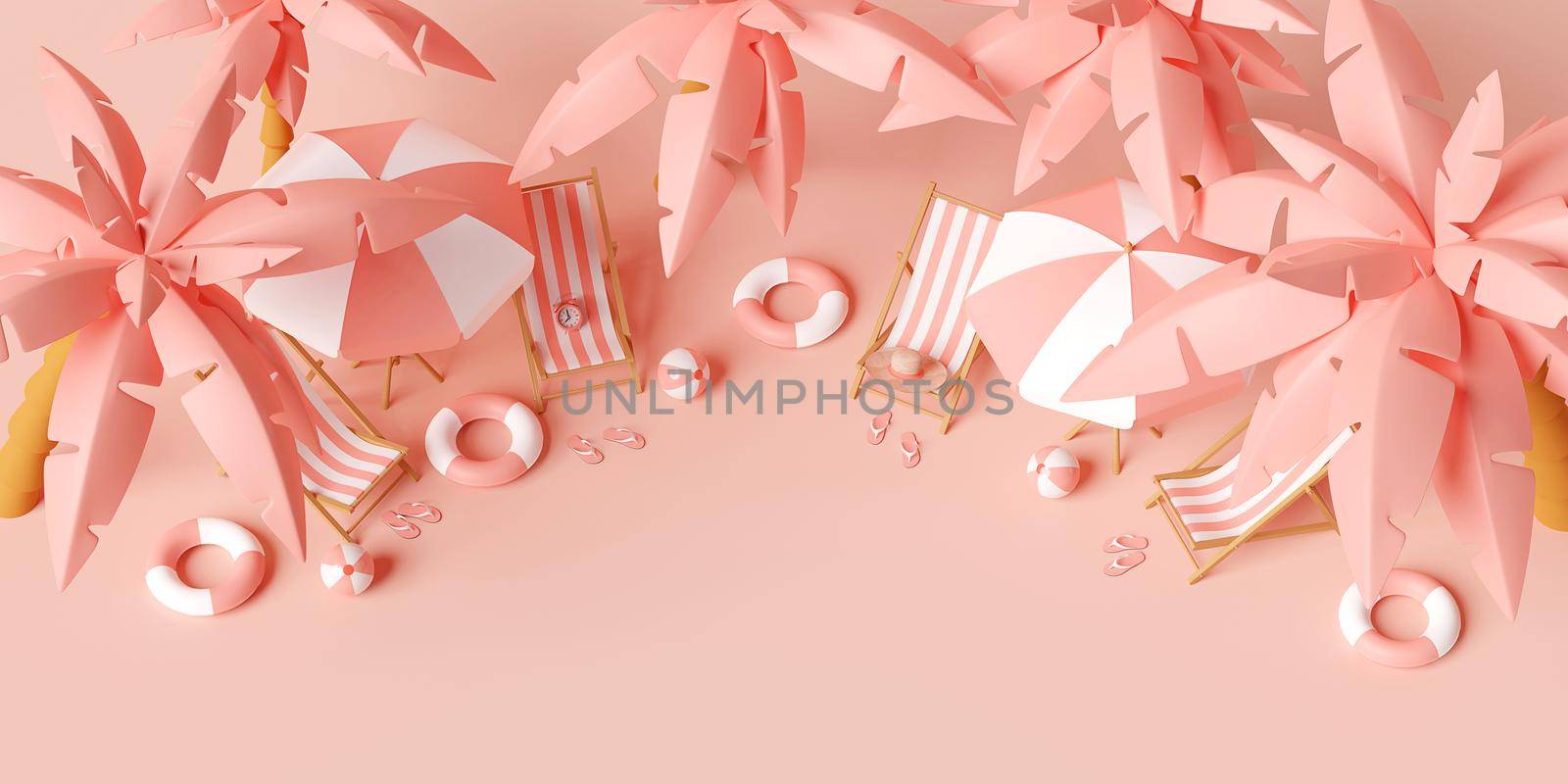 Summer vacation concept, Beach chairs and accessories under palm tree on pink background, 3d illustration