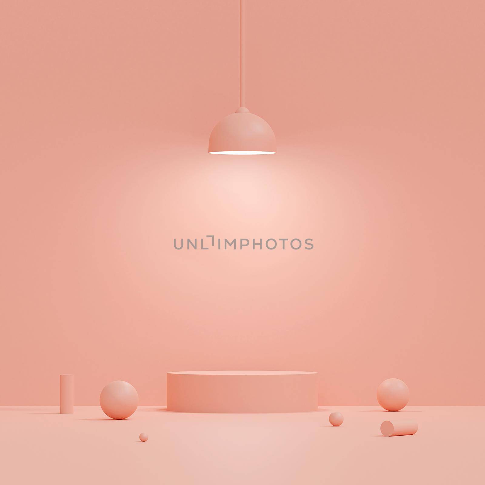 Scene of pastel color with geometric shape podium with lamp on pink background, 3d rendering