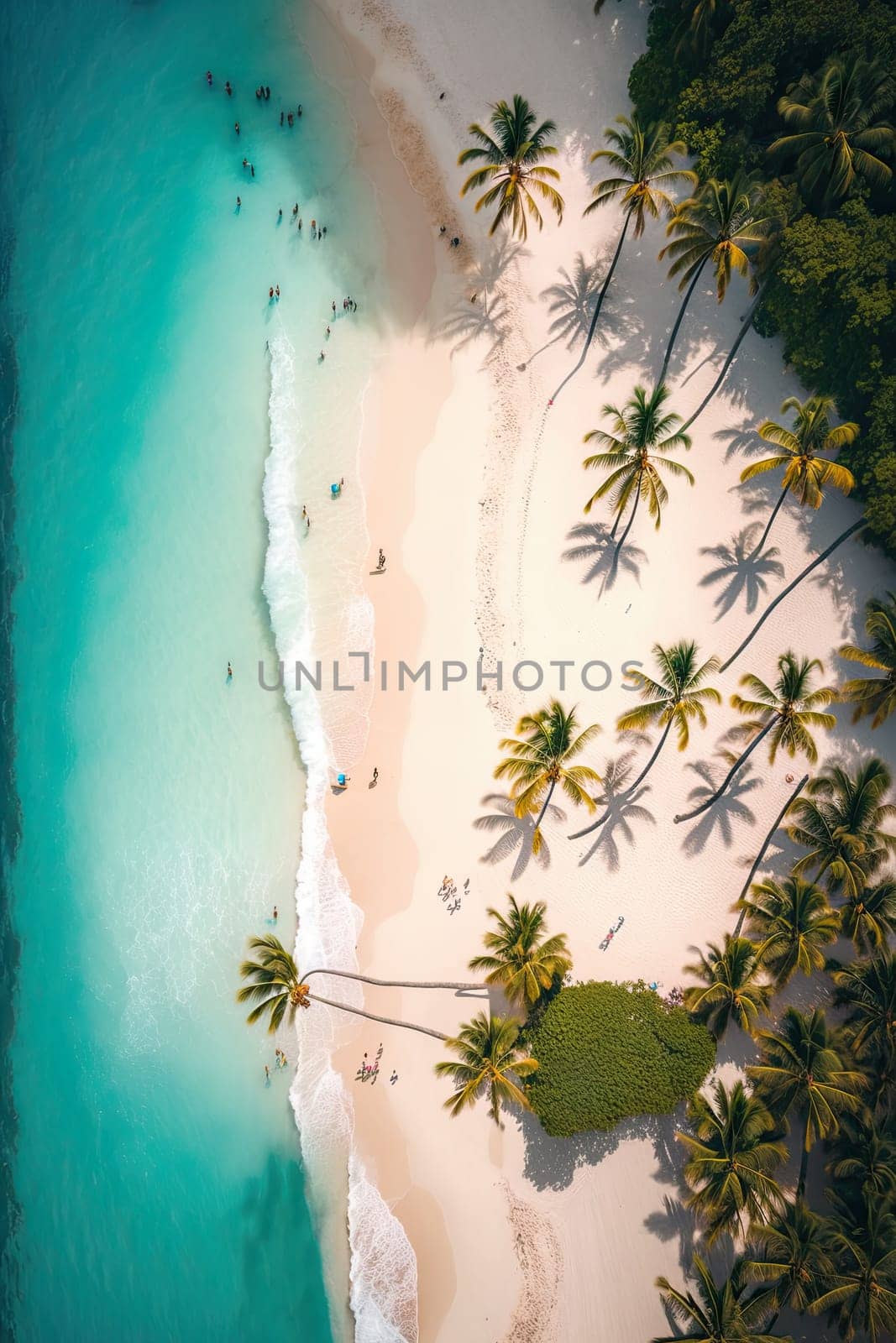 Aerial view of a tropical landscape with palm trees, people , white sand, blue water and waves. High quality AI Generated image