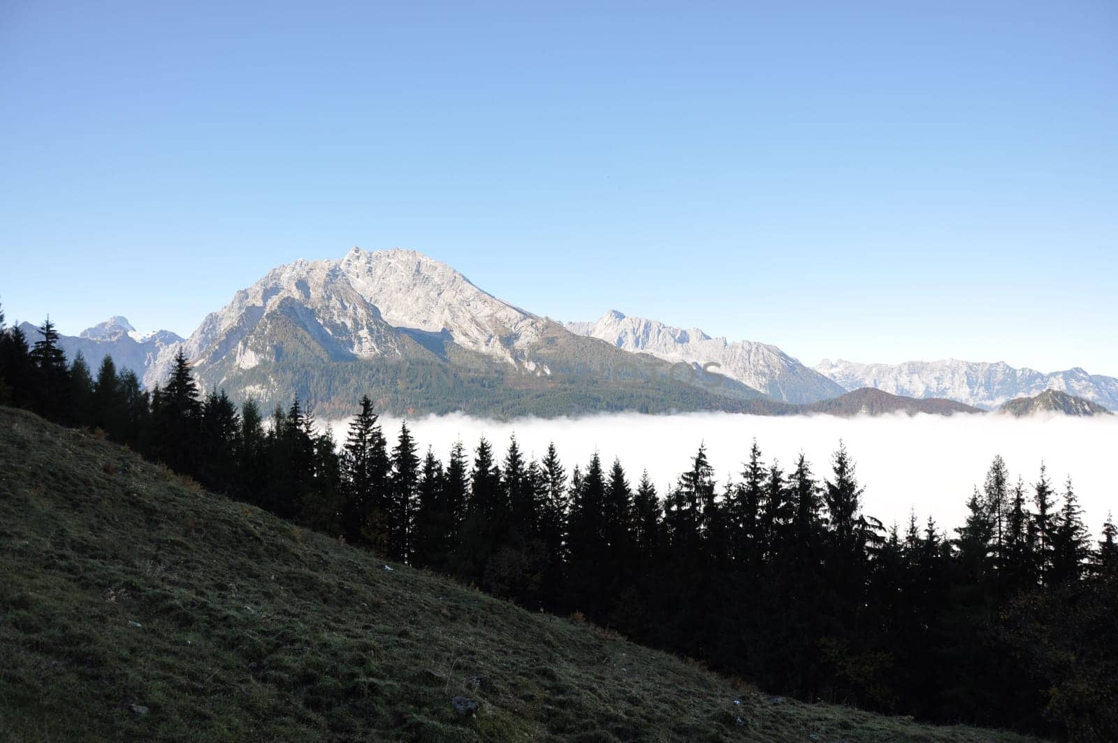 Mountains in Berchtesgadener Land, Alps in Bavaria, submerged in clouds