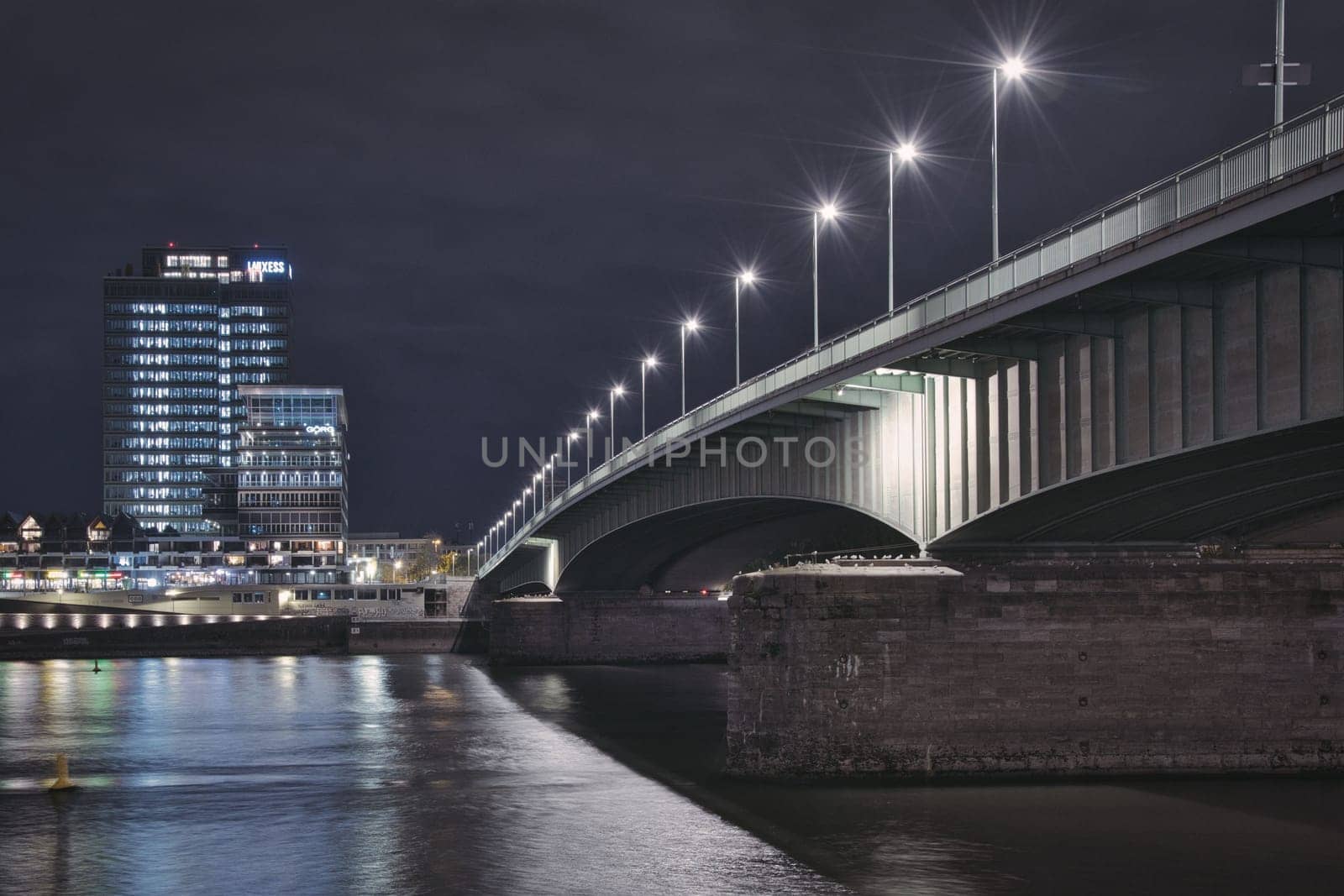 Lanxess headquarters over the Rhine and the Deutzer Bridge in Cologne, Germany