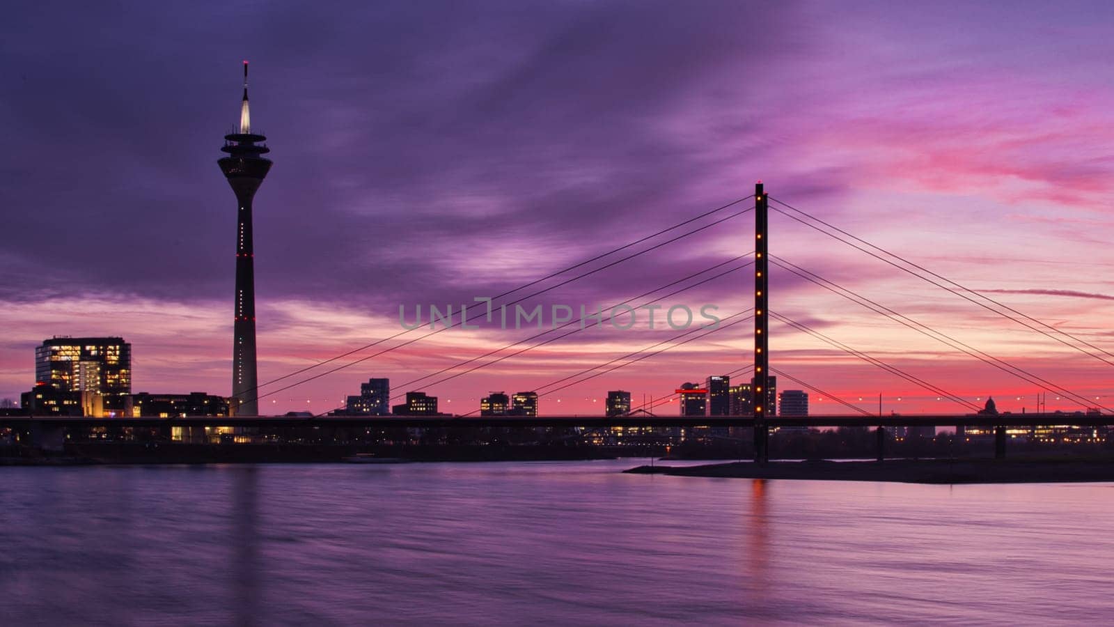 Panoramic shot of the Duesseldorf skyline at sunset