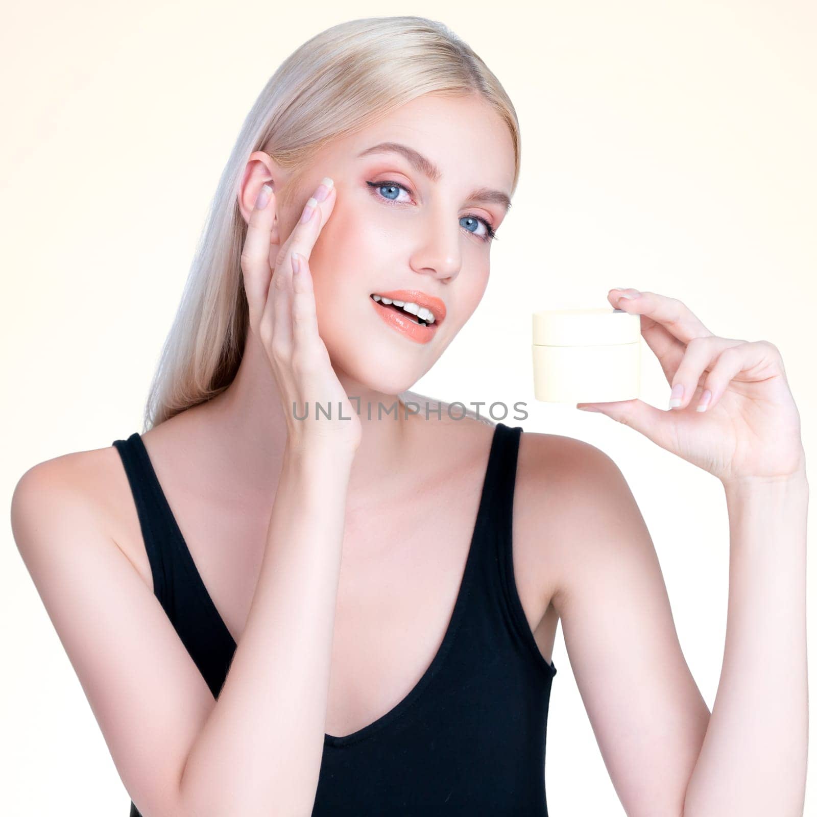 Closeup personable beautiful perfect natural cosmetic makeup skin woman holding mockup jar moisturizer cream for healthy skincare treatment, anti-aging product advertisement in isolated background.