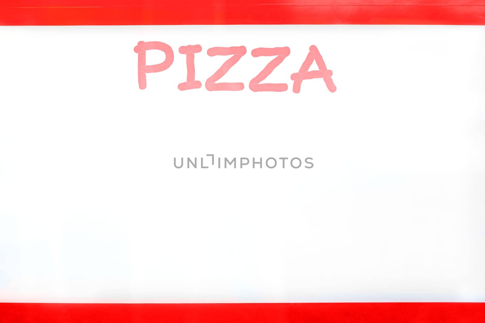 Inscription pizza in red frame on white background.