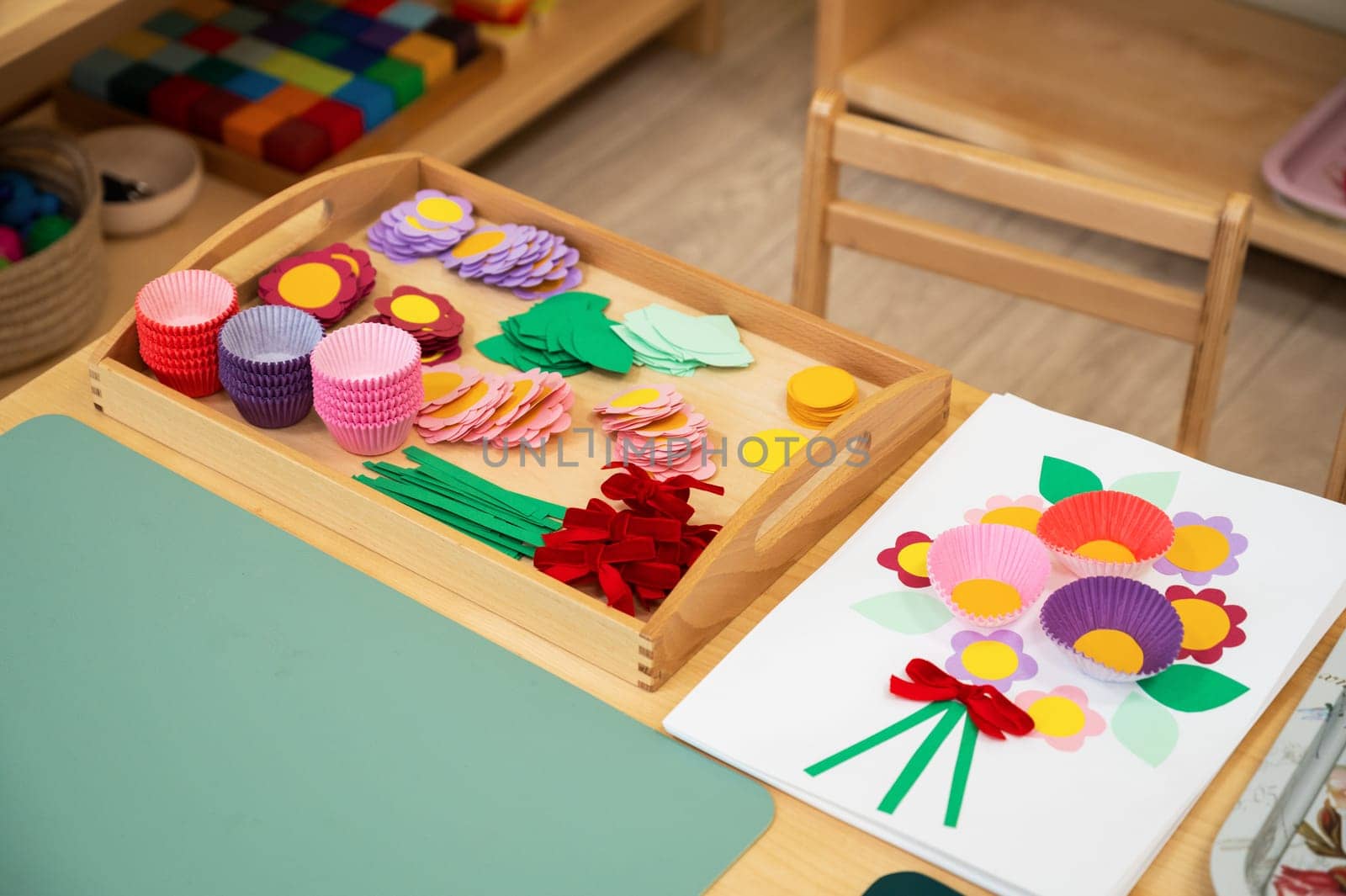 Classroom of Montessori kindergarten. The colorful Montessori material. Concept of children learning toy