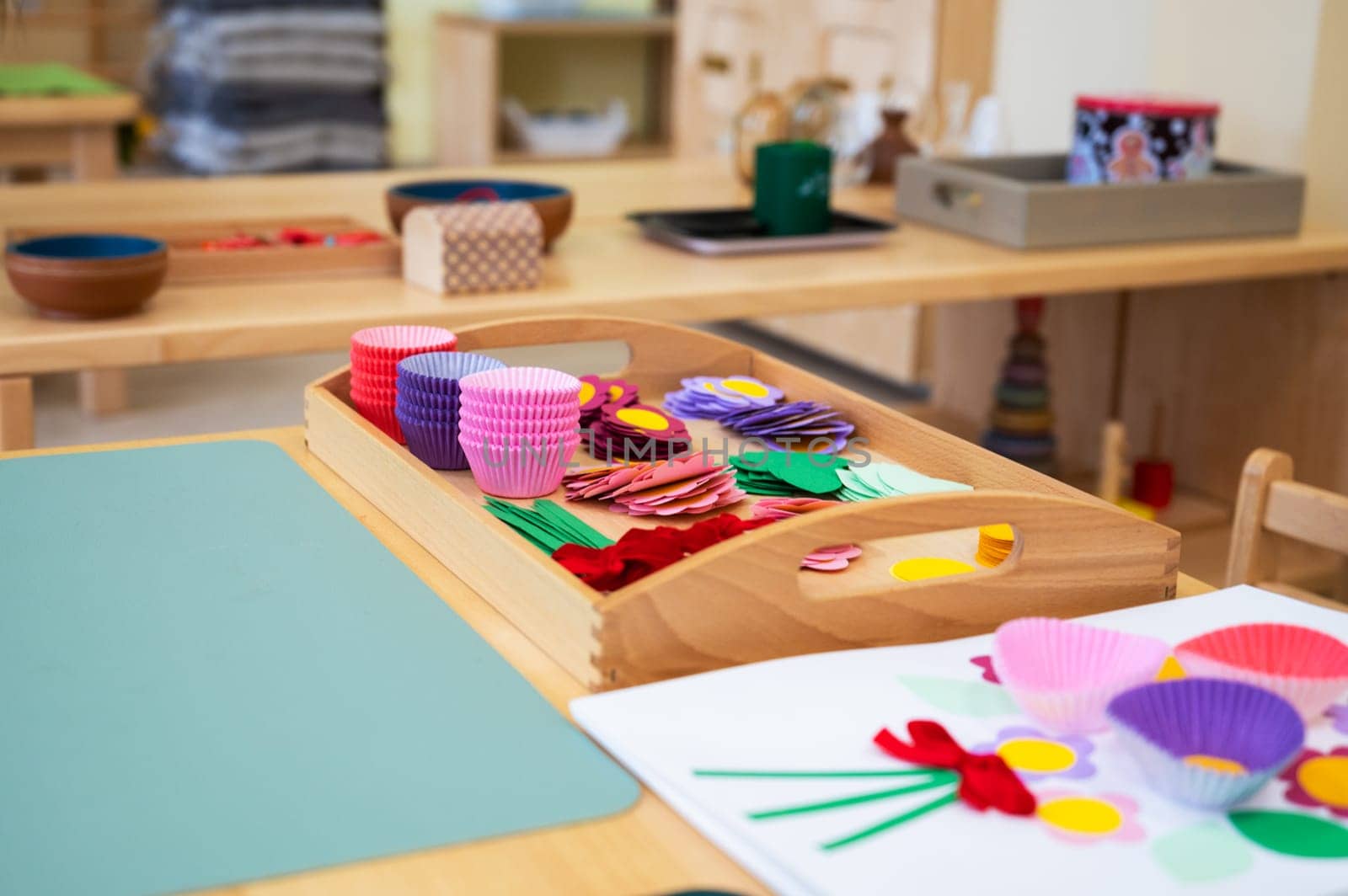 Classroom of Montessori kindergarten. The colorful Montessori material. Concept of children learning toy