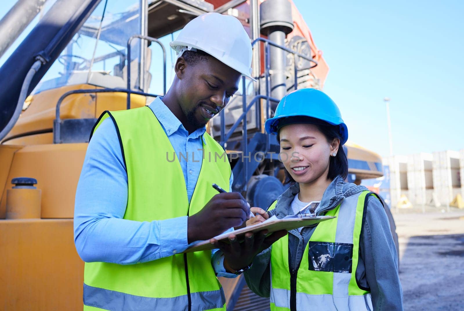 Logistics checklist, transportation and engineer people inspection of truck for supply chain management, cargo or export teamwork. Diversity, contract construction worker industrial site job planning.