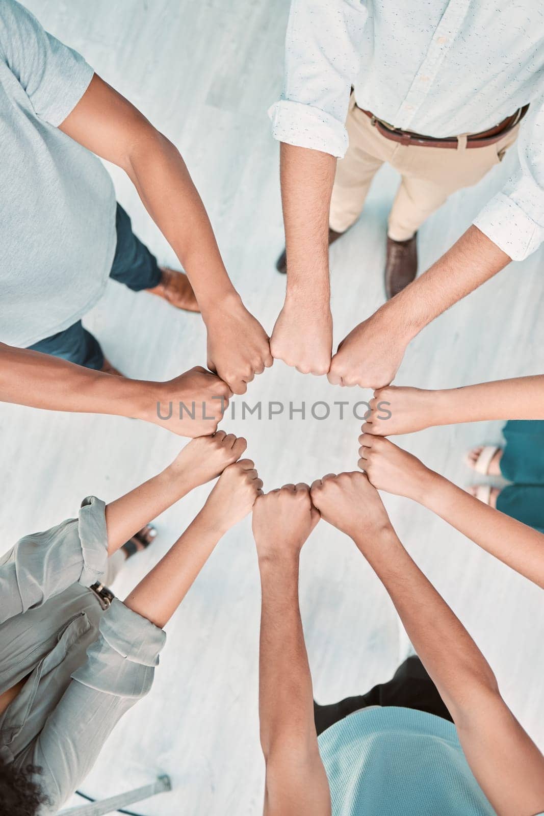 Teamwork, business people and circle of hands for collaboration, support and motivation for success, mission and vision strategy. Top, synergy and men and women employees at team building for trust.