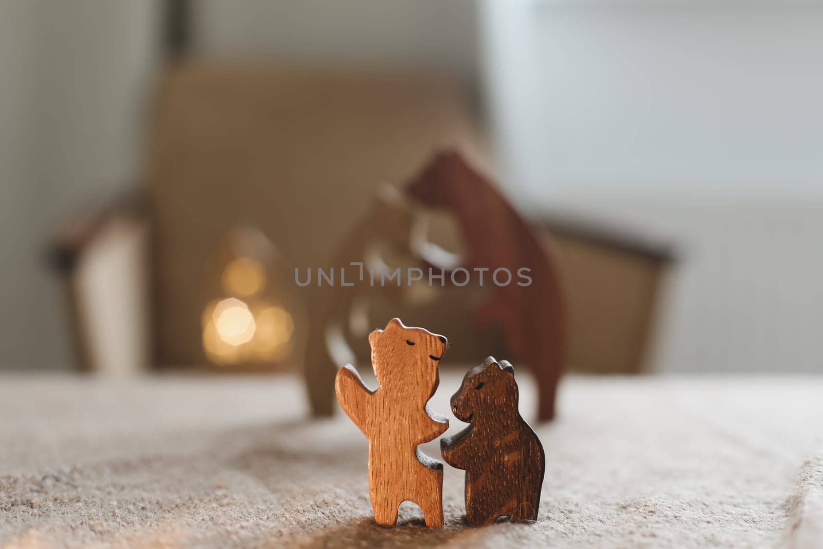 Baby toys background. handmade toy bears for banner on a pastel beige banner.