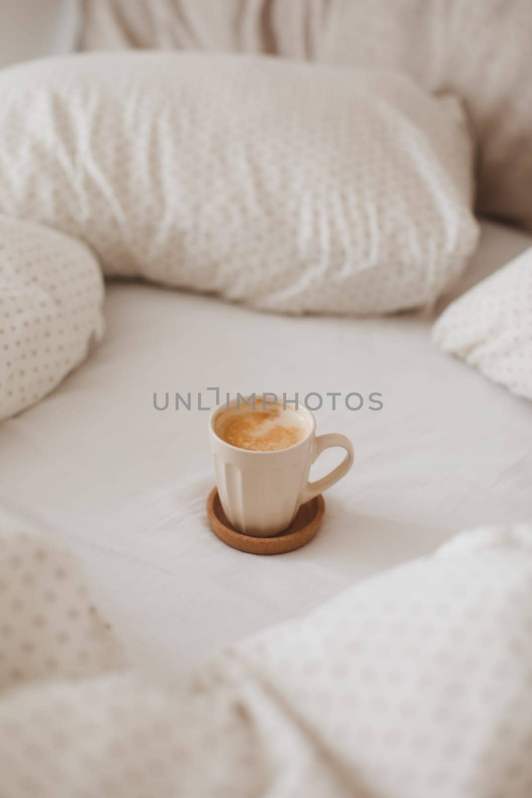 coffee on bed and pillows breakfast in the morning