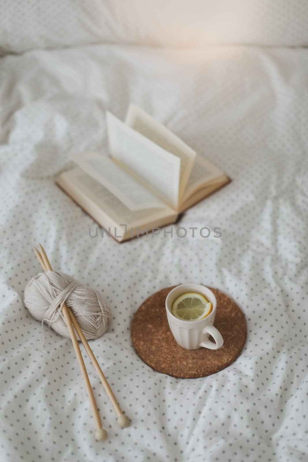 Cozy still life interior details with a book, tea cup and knitting needles in warm soft bed. Sweet home by paralisart