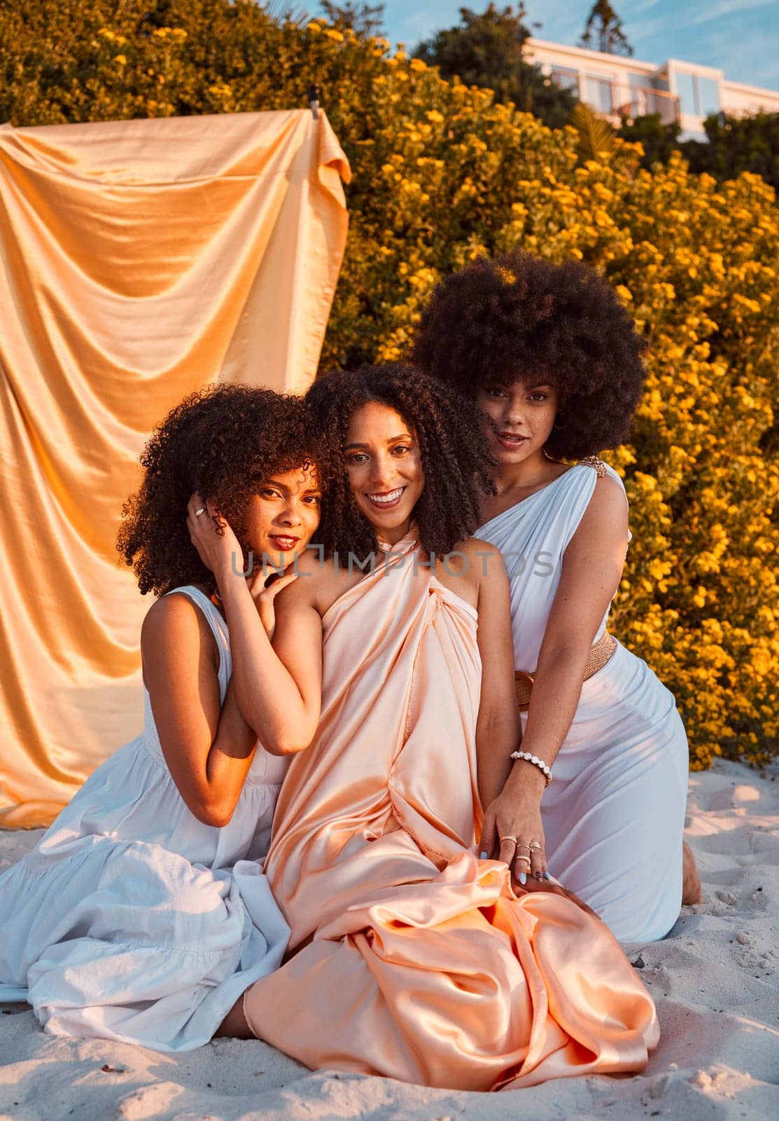 Fashion, friends and beauty outdoor, portrait and natural hair, afro and elegant clothes, beach and summer holiday. Black women, model and happiness with happy smile, silk clothing and cool dress.