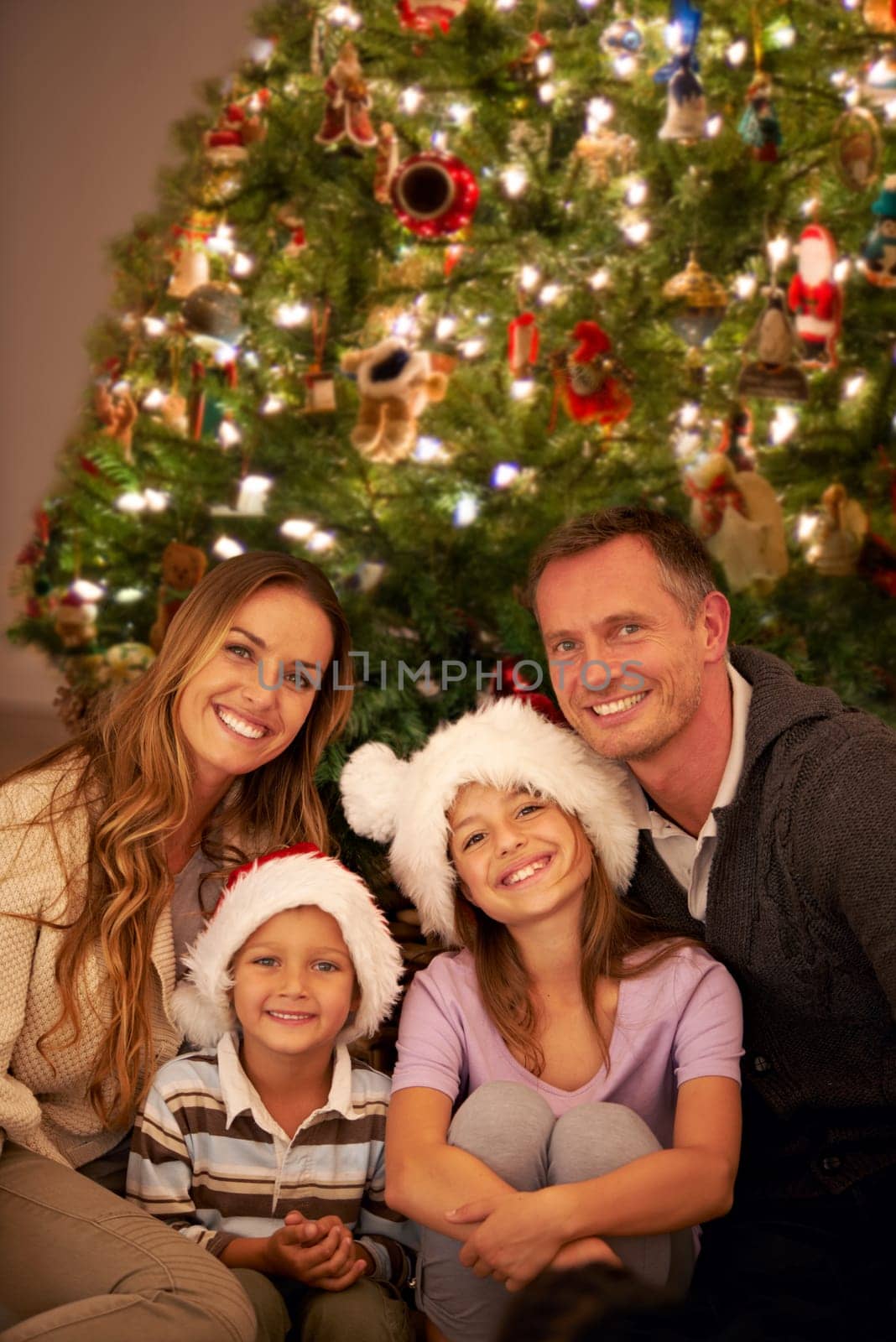 Portrait, happy family and christmas tree in living room, smile and celebrate for love or happiness. Mother, father and young children or smiling at home for christmas festive celebration together