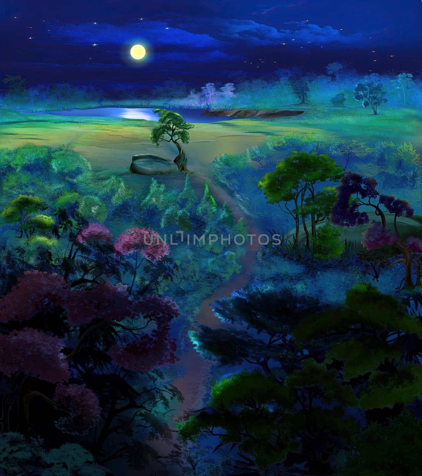 Path in the forest on a summer night. Digital Painting Background, Illustration.