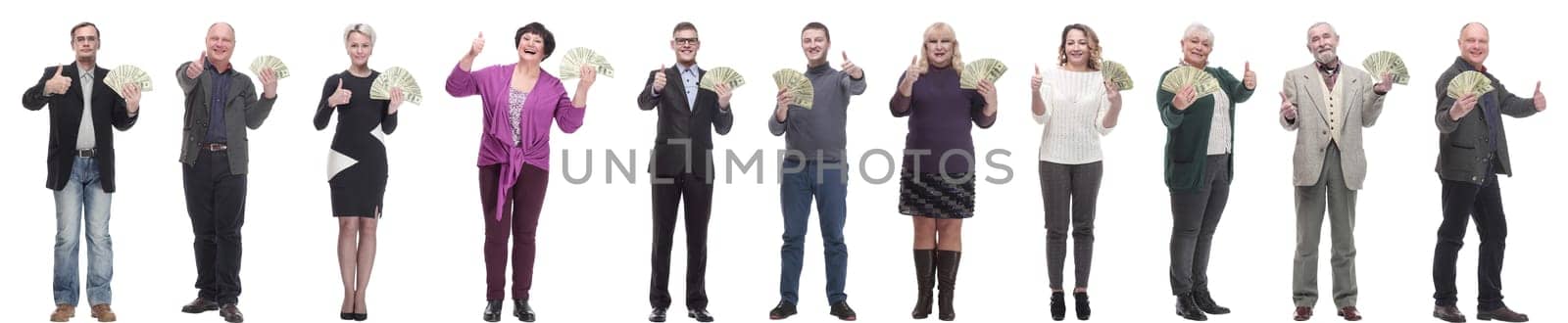 group of successful people with money in their hands on a white background