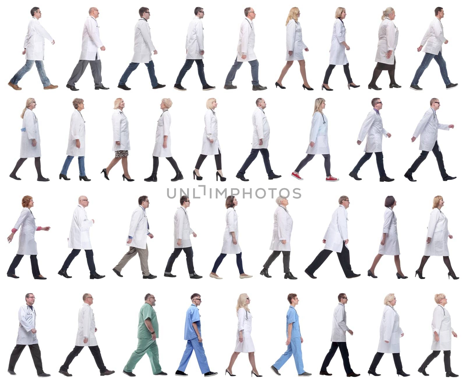 group of doctors in motion isolated on white background