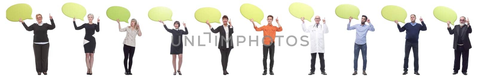 group of successful business people with comments isolated on white background
