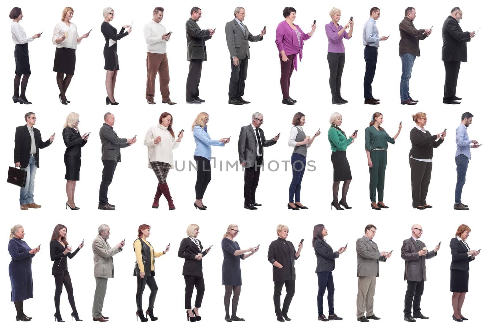 group of people profile holding phone in hand isolated on white background