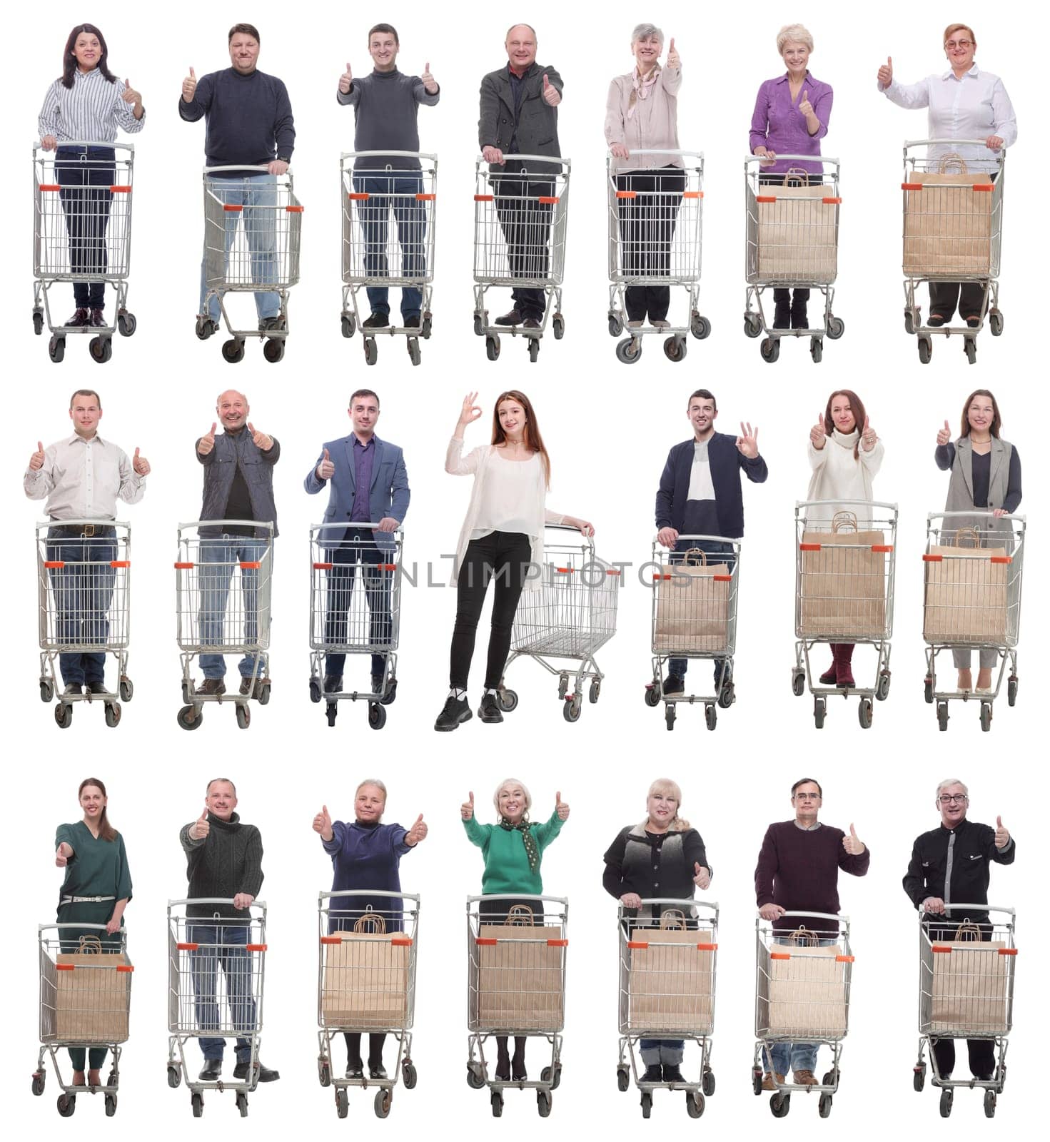 group of people with shopping cart showing thumbs up isolated on white background