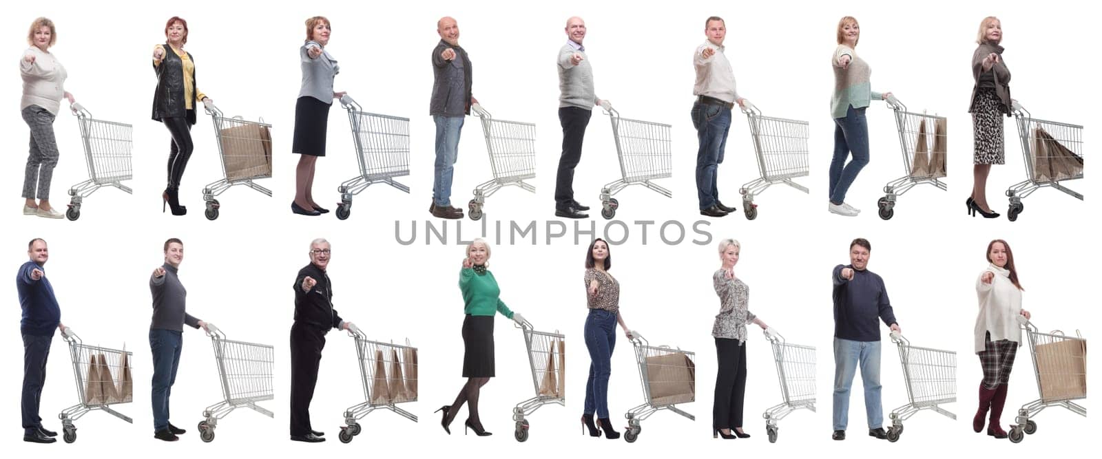 a group of people with a shopping cart point their finger at the camera on a white background