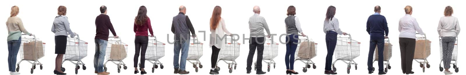 a group of people with a cart stand with their backs isolated on a white background